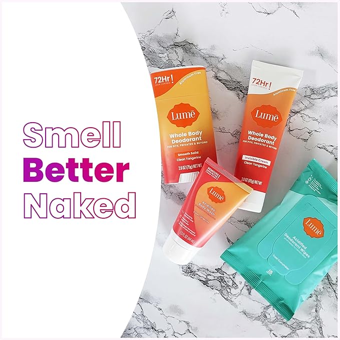 Lume Skin Care Gift Set for Women, Whole Body Deodorant Starter Pack -Smooth Solid Stick, Invisible Cream Tube, Acidified Body Wash Mini & Deodorant Wipes -Aluminum Free Odor Control (Clean Tangerine)