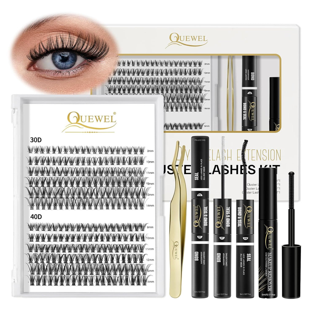 QUEWEL Lash Clusters Kit, 240 Pcs Lash Clusters 30D+40D DIY Lash Extensions Kit with Applicator Tool, Bond and Seal Super Hold, Glue Remover Easy to Apply at Home(30D+40D D MIX8-14)