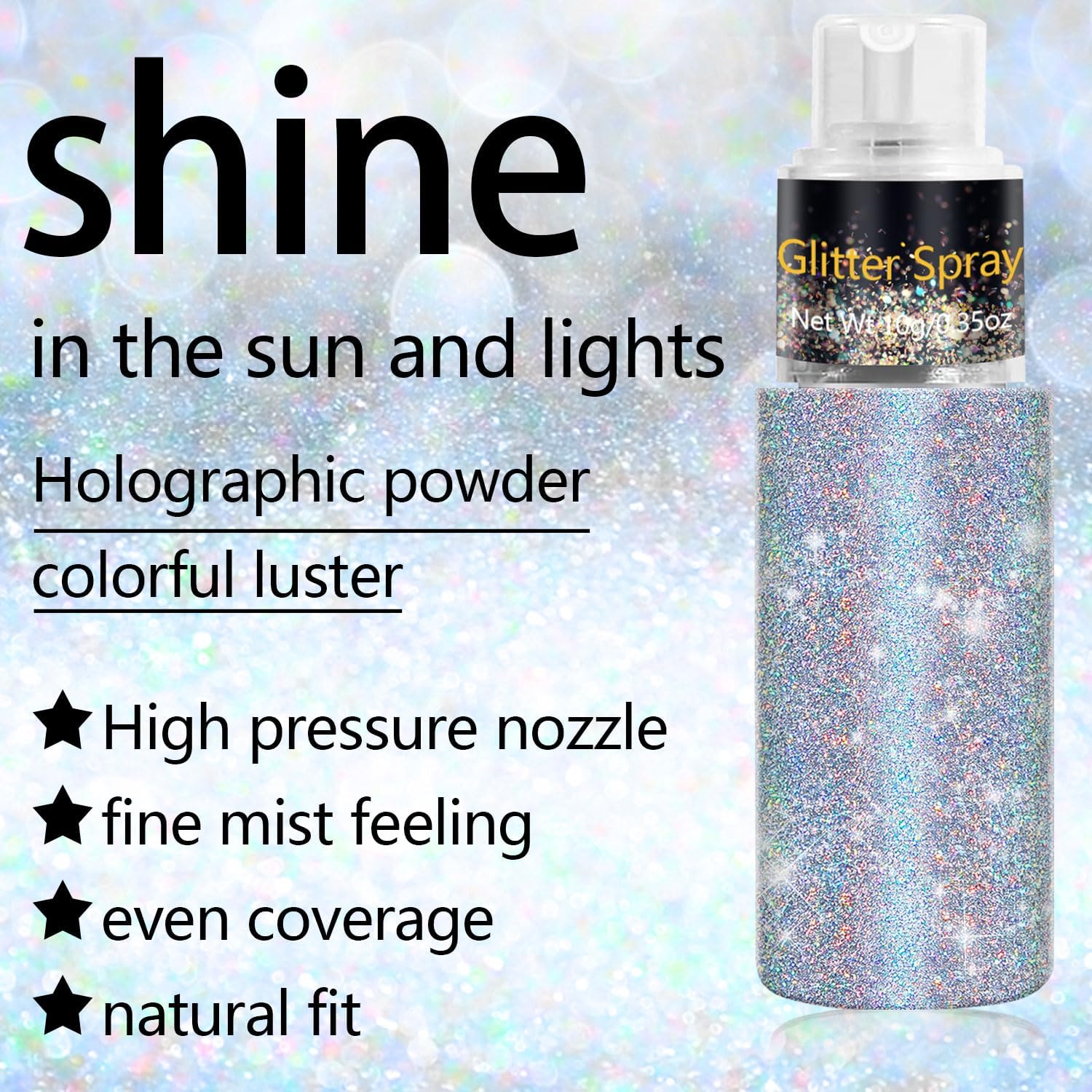 Hair and Body Glitter Spray, Holographic Glitter Highlighter Powder, Face Body Clothes Shiny Glitter, Loose Shimmer Hairspray Festival Rave Prom Accessories, 10g (07# Rainy-Rainbow)