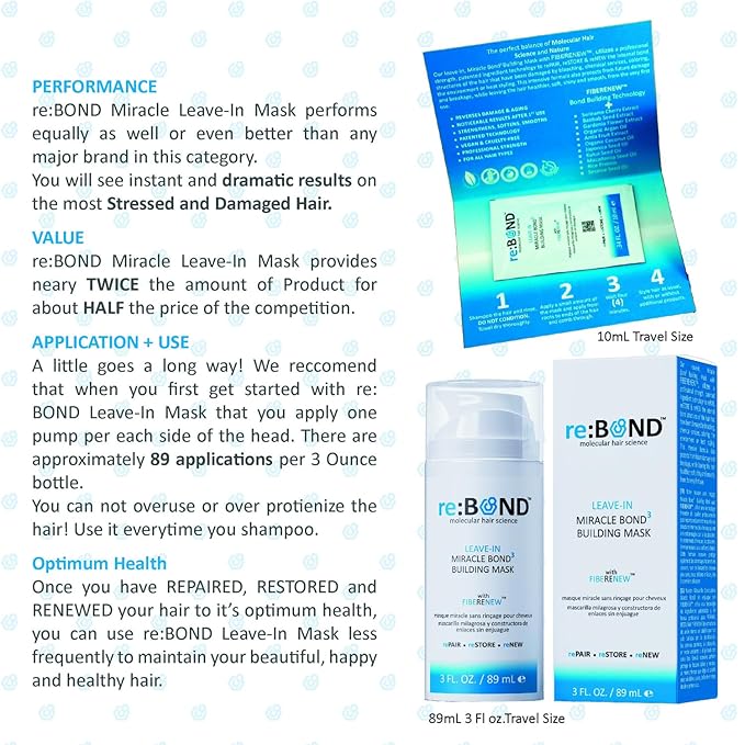reBOND Leave-in Miracle Bond Building Hair Mask- 4 minute Repair Treatment Deep Conditioning for Bleached, Damaged, Dry, Colored or Frizzy Hair - Set includes: 3oz + .34oz
