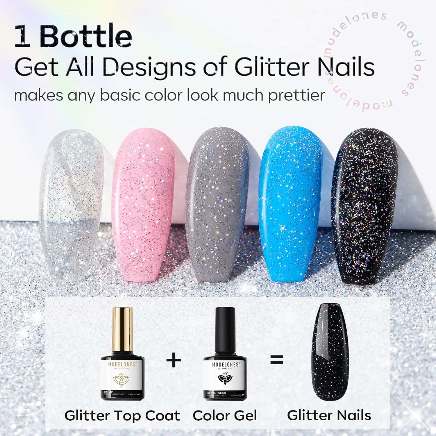 Modelones Glitter Gel Top Coat, Iridescent Silver Mix Glitter Gel Polish No Wipe Top Coat Glossy Sparkly Finish Long Lasting Soak Off Rainbow Shimmer Nail Polish Nail Art Gift, 10ml