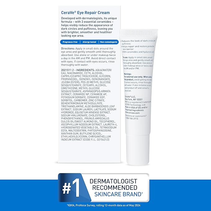 CeraVe Eye Repair Cream, Under Eye Cream For Puffiness And Bags Under Eyes, Hyaluronic Acid + Niacinamide + Marine Botanical Complex, Oil Free & Opthalmologist Tested