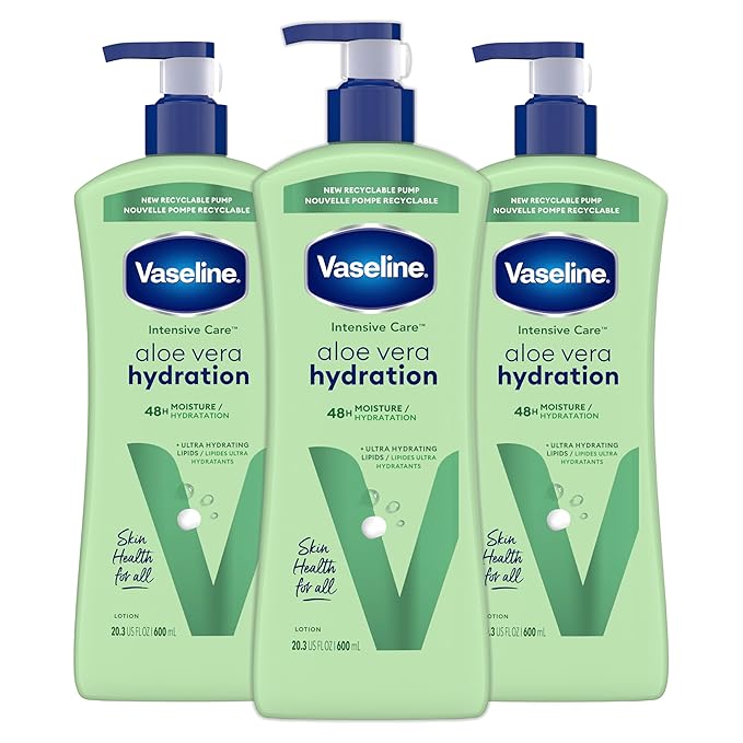 Vaseline Intensive Care Body Lotion for Dry Skin Soothing Hydration Lotion Made with Ultra-Hydrating Lipids + 1% Aloe Vera Extract to Refresh Dehydrated Skin 20.3 oz, Pack of 3