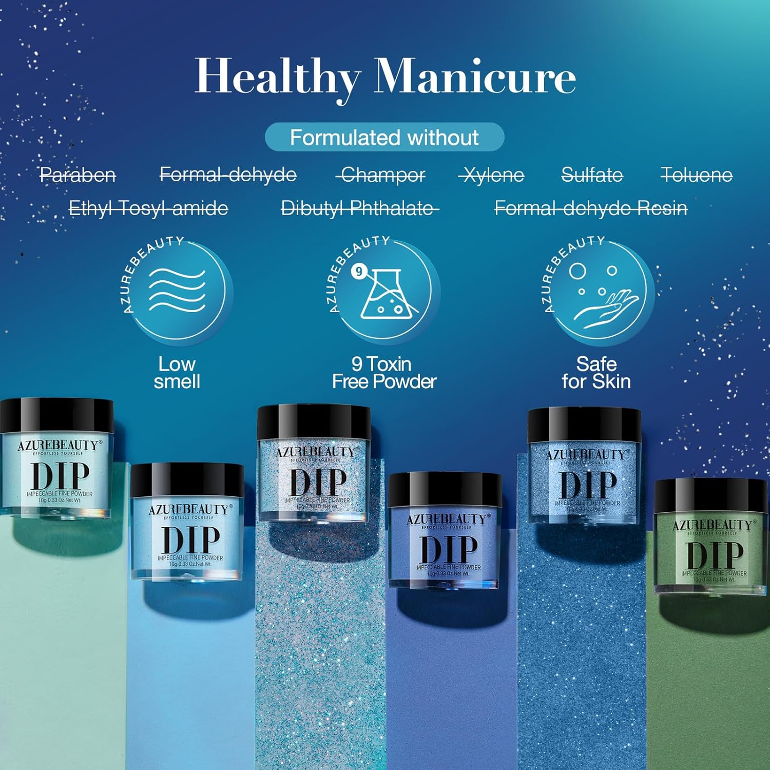 AZUREBEAUTY Dip Powder Nail Set Blue Green Shimmery, All Seasons 6 Colors Dipping Powder Starter Kit French Starry Ocean Banquet Nail Art Manicure DIY Salon Gifts for Women, No Need Nail Lamp Cured