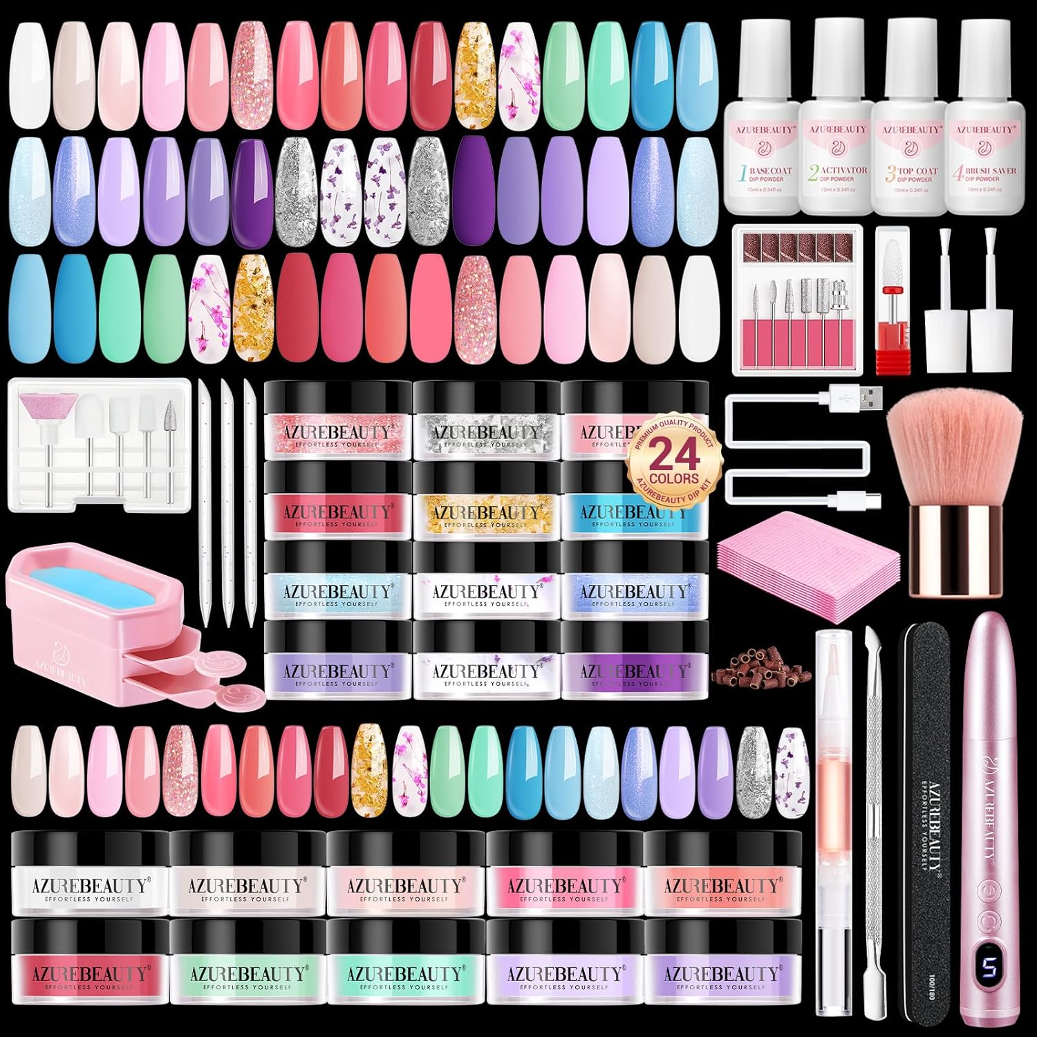 AZUREBEAUTY Dip Powder Nail Kit with Electric Nail Drill 24 Colors Spring Summer Macarons Purple Pink Nail Starter Kit with Dip Liquids Base Top Coat Activator Portable French Nail Art Essential Set