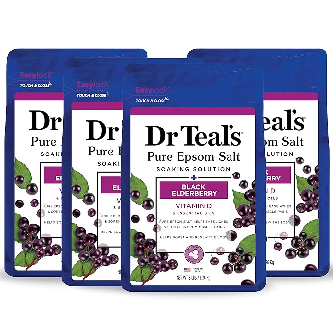 Dr Teal's Foaming Bath with Pure Epsom Salt, Black Elderberry with Vitamin D, 34 fl oz (Pack of 4) (Packaging May Vary) & Pure Epsom Salt Soak, Black Elderberry with Vitamin D, 3 lbs (Pack of 4)