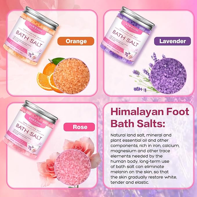 Bath Salts for Soaking Himalayan Pink Bath feet soka sea Salt 3 Set Kit Lavender Orange Rose Scent Epsom Salt Tea Tree Oil Natural Soaking spa Set Christmas Gifts for Woman Mom Gifts Set