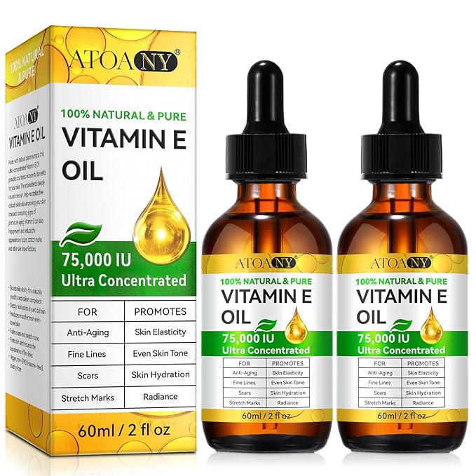 Vitamin E Oil for Skin 75,000 IU – 2 Pack Organic Vitamin E for Face, Hair, Scars, Nails, Ultra-Hydrating Body Oil for Dry Skin Wrinkles,Cold-Pressed, Non-GMO, Organic Skincare Formula –2 Fl Oz