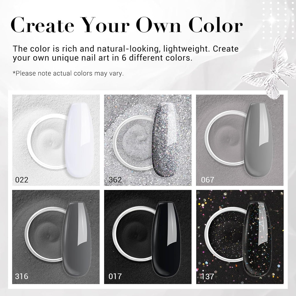 AZUREBEAUTY Dip Powder Nail Basic Set White Black Silver Grey Pure Sparkle 6 Colors All Seasons Dipping Powder Starter Kit French Nail Art Manicure DIY Salon for Women, No Need Nail Lamp Cured