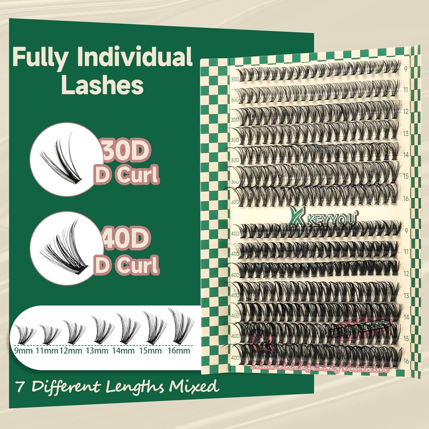 KEYYOU DIY Lash Extension Kit 280pcs Individual Lashes D Curl Eyelash Extension Kit 30D+40D 9-16Mix Lash Clusters with Lash Bond and Seal and Lash Applicator for DIY at Home(KIT-30D40D-0.07D-9-16MIX)