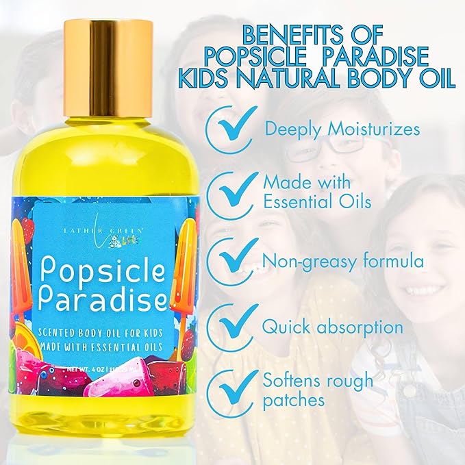 Popsicle Paradise Kids Body Oil, Lightweight Moisturizer with Jojoba Oil, Naturally Scented Kids Body Oil, Non-Greasy, Paraben-Free, Gentle Hydration for Delicate Skin, 4 oz