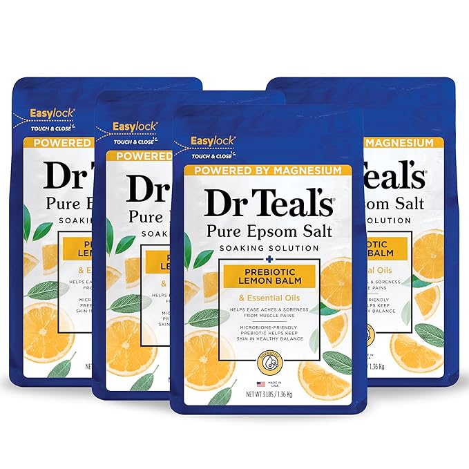 Dr Teal's Pure Epsom Salt, Prebiotic Lemon Balm & Essential Oil, 3 lbs (Pack of 4)