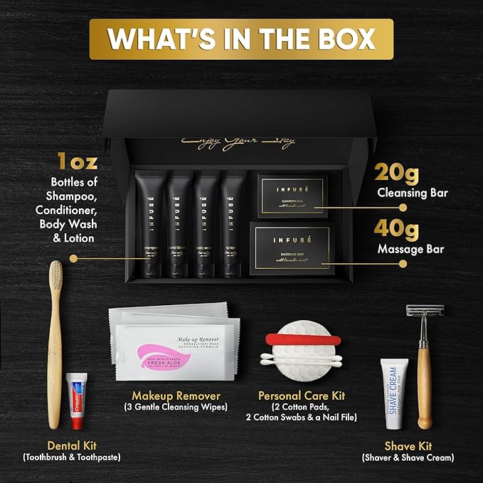 Infuse Black Amenity & Accessory Kit | 1 oz Travel Size Shampoo, Conditioner, Lotion, Body Wash, Body Bar, 2 Cleansing Bar, Shave & Dental Sets, Make-Up Remover Wipes, & Vanity Kit | 1 set per case