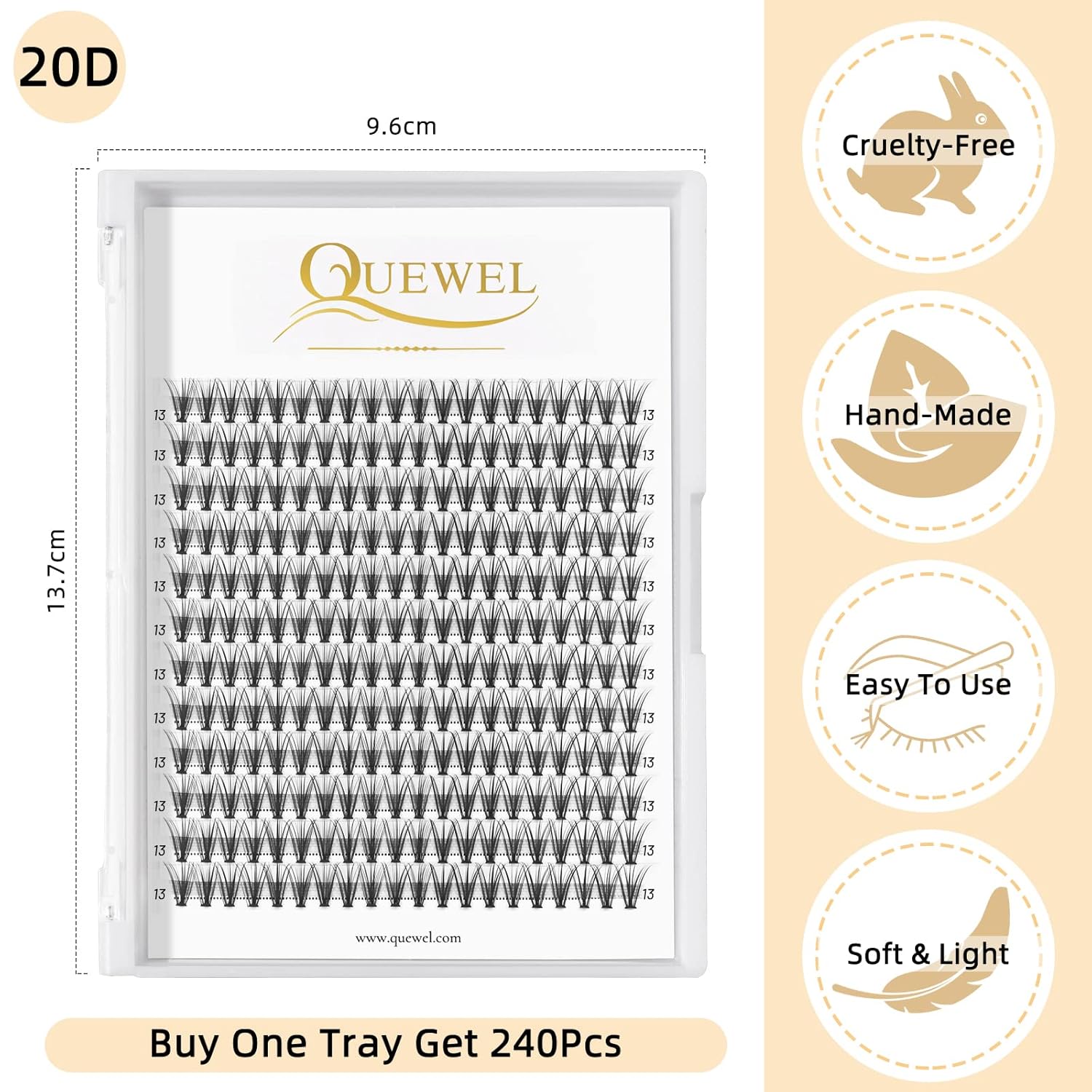 QUEWEL Cluster Lashes 240Pcs Individual Lashes 20D 0.07C Curl 13mm Knot-Free Lash Extensions Clusters Lashes Soft&Natural False Eyelashes Individual DIY Eyelash Extension at Home(20D 0.07C 13)