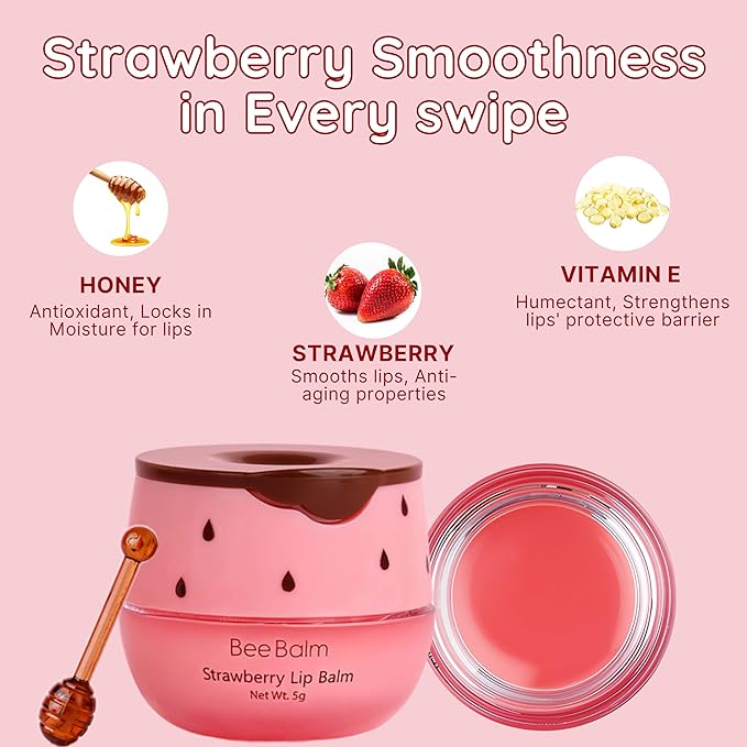 Original My Bee Balm Lip Balm - Strawberry Hydrating Balm Honey Pot for Dry, Chapped & Cracked Lips with Propolis, Honey & Vitamin E - Soften, Smooth & Reduce Lip Lines