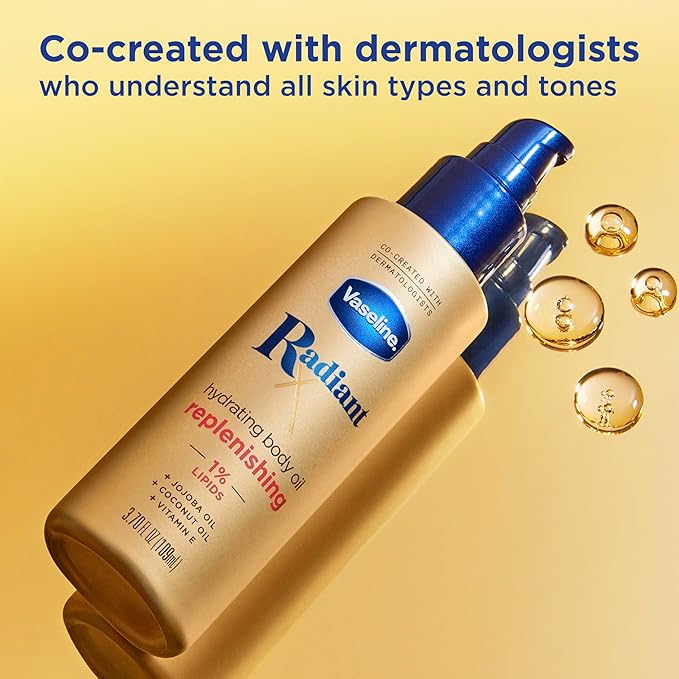 Vaseline Radiant X Replenishing and Hydrating Body Oil with 1% Lipids, Jojoba Oil, Coconut Oil, & Vitamin E 3.7 oz