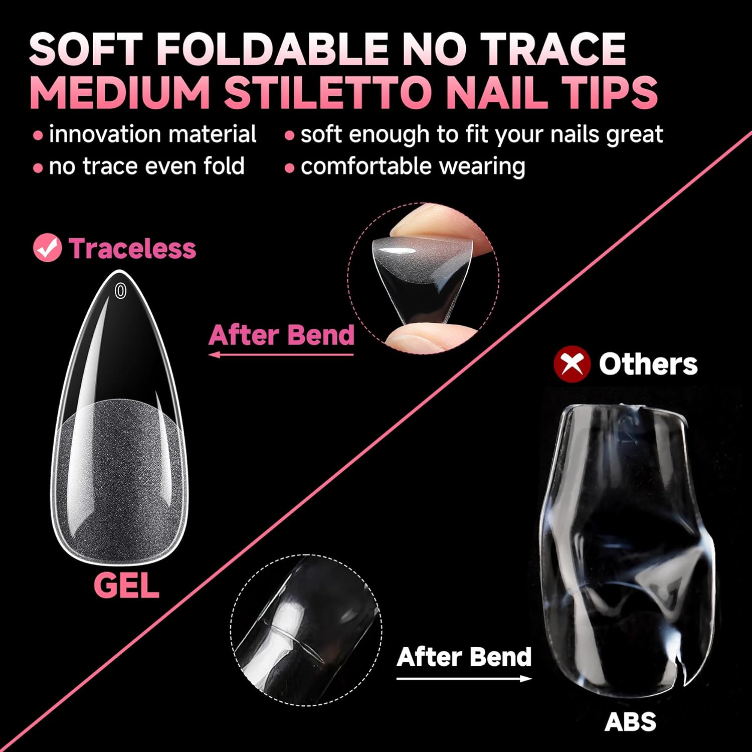 UNA GELLA Stiletto Gel Nails Press On Halloween 504Pcs Medium Almond Stiletto Clear Gel Nail Tips Full Cover Pre-matte Fake False Acrylic Nails for Nail Extensions Home Art Salon 12 Sizes