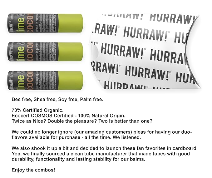Hurraw! Lime & Coconut Lip Balm, 3 Pack: Plastic-Free with new cardboard push-up tube. Certified Organic, All Natural Origin, Vegan & Cruelty Free. Gluten Free. Bee, Shea, Soy & Palm Free. Made in USA