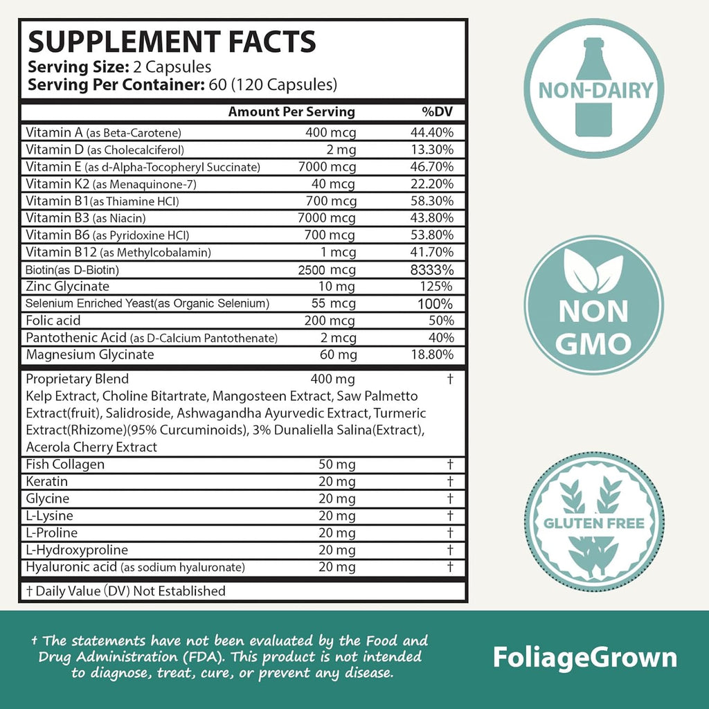 Hair Growth Supplements,Visibly Thicker Hair,Hair Growth Vitamins for Women and Men - 2 Month Supply(120 Capsules), White