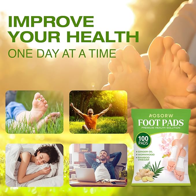 Natural Herbal Foot Pads - 100 Pack Ginger Oil & Bamboo Charcoal Premium Foot Care Patches - Relieves Stress and Fatigue - Improves Sleep and Supports Body Cleansing