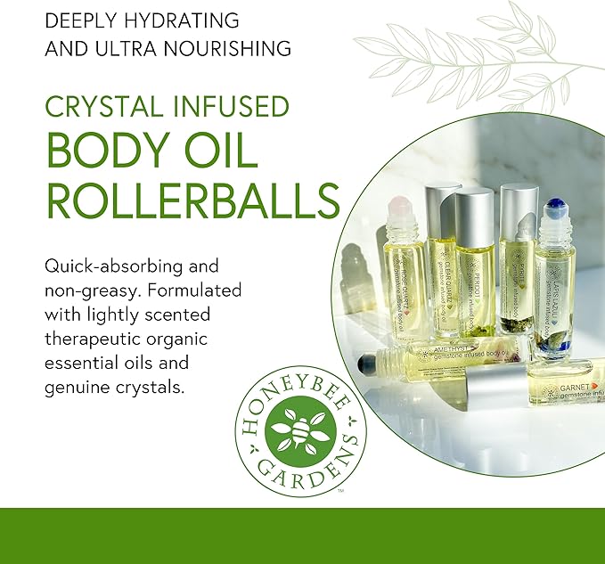 Honeybee Gardens Crystal Infused Body Oil Rollerball, Clear Quartz, Organic, Moisturizing, Non-Greasy, for All Skin Types, 2 Fl Oz