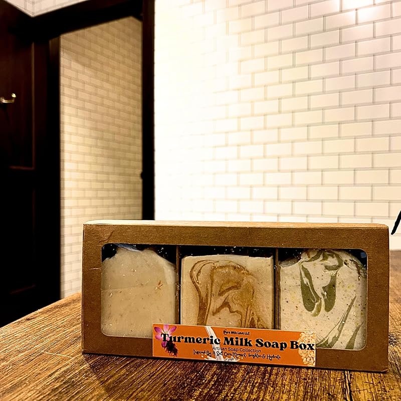 Turmeric Soap Box - Assorted 3 Bar Set, All Natural, Artisan, Clay, Goat Milk, For Face and Body All ages, Moisturing Creamy Lather