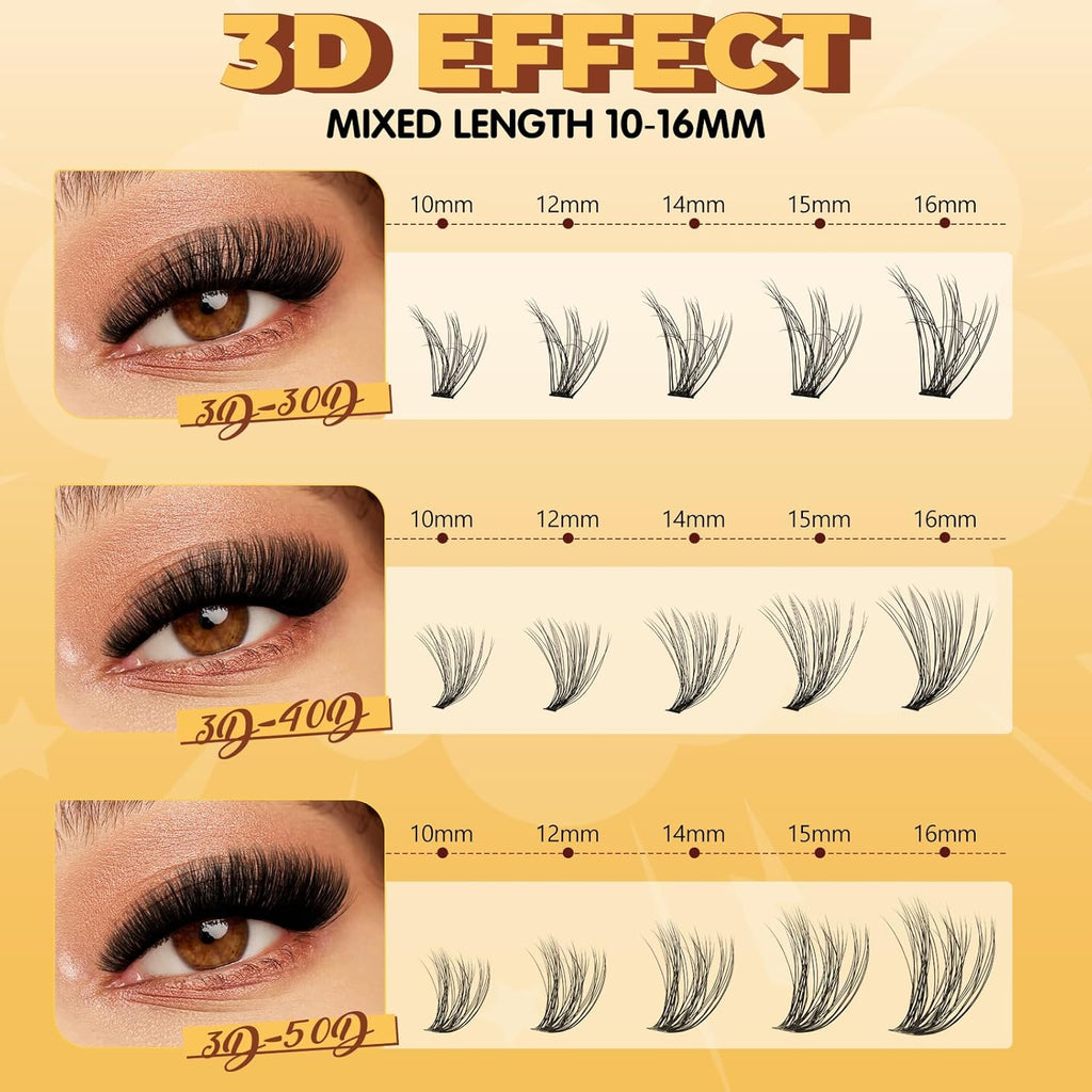 QUEWEL DIY-Lash-Extension-Kit, 3D Lash-Clusters-Kit with 280PCS 30+40+50D Lashes Clusters Mixed 10-16mm Eyelash Clusters, Lash Bond and Seal, Eyelashes Tweezers DIY at Home(3D 30+40+50 KIT)