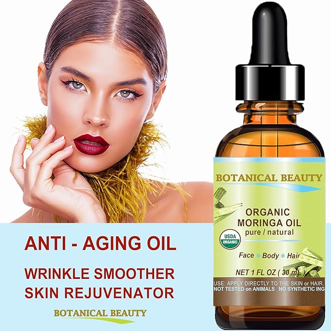 Botanical Beauty‎ Organic Moringa Oil 100% Pure Natural Undiluted 1 Fl.oz.- 30 ml. for Face Skin, Hair, Lips, Body, Nails Rich in Vitamin C, Vitamin E