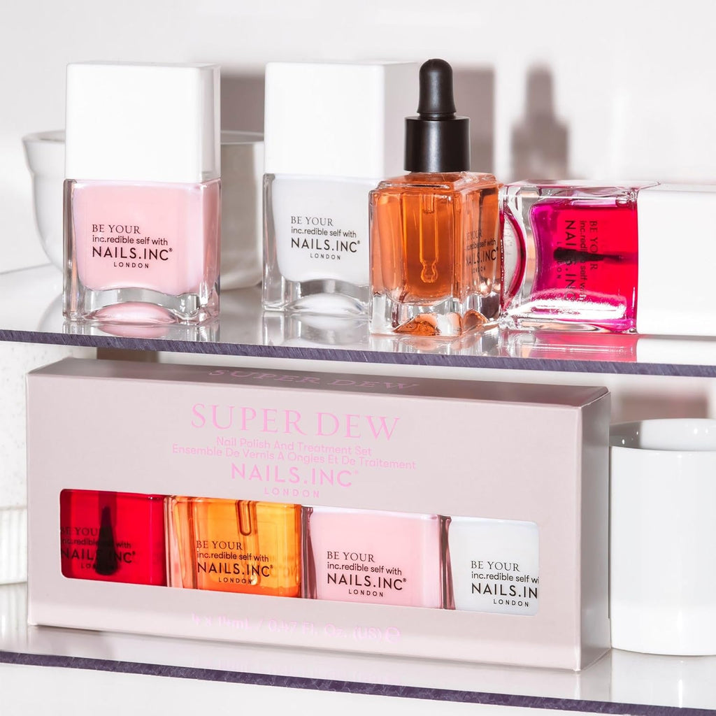 Nails Inc Super Dew Nail Polish Quad, Glow Enhancing Shades, Clean Girl Aesthetic, Fast Drying, Long Lasting, Chip Resistant, Air Dry Manicure, Vitamin C Cuticle Oil, Vegan, Cruelty Free, 4 Piece Set