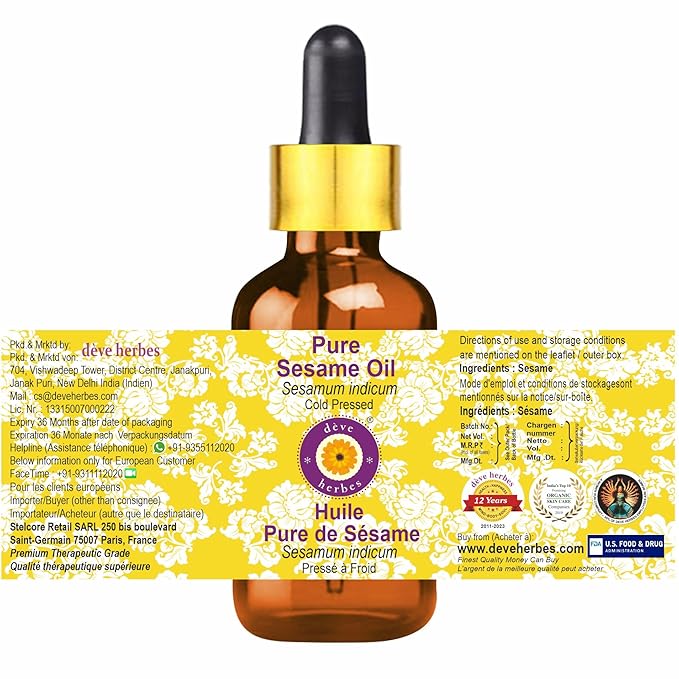 dève herbes Pure Sesame Oil (Sesamum indicum) with Glass Dropper Cold Pressed 30ml (1 oz)