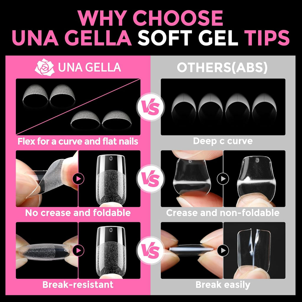 UNA GELLA Short Square Gel Nail Tips 216pcs Short Square Press on Nails Pre-shape Fake Nails for Full Cover Acrylic Nails False Nails For Nail Extension Home DIY Nail Salon 12 Sizes Gelly Tips