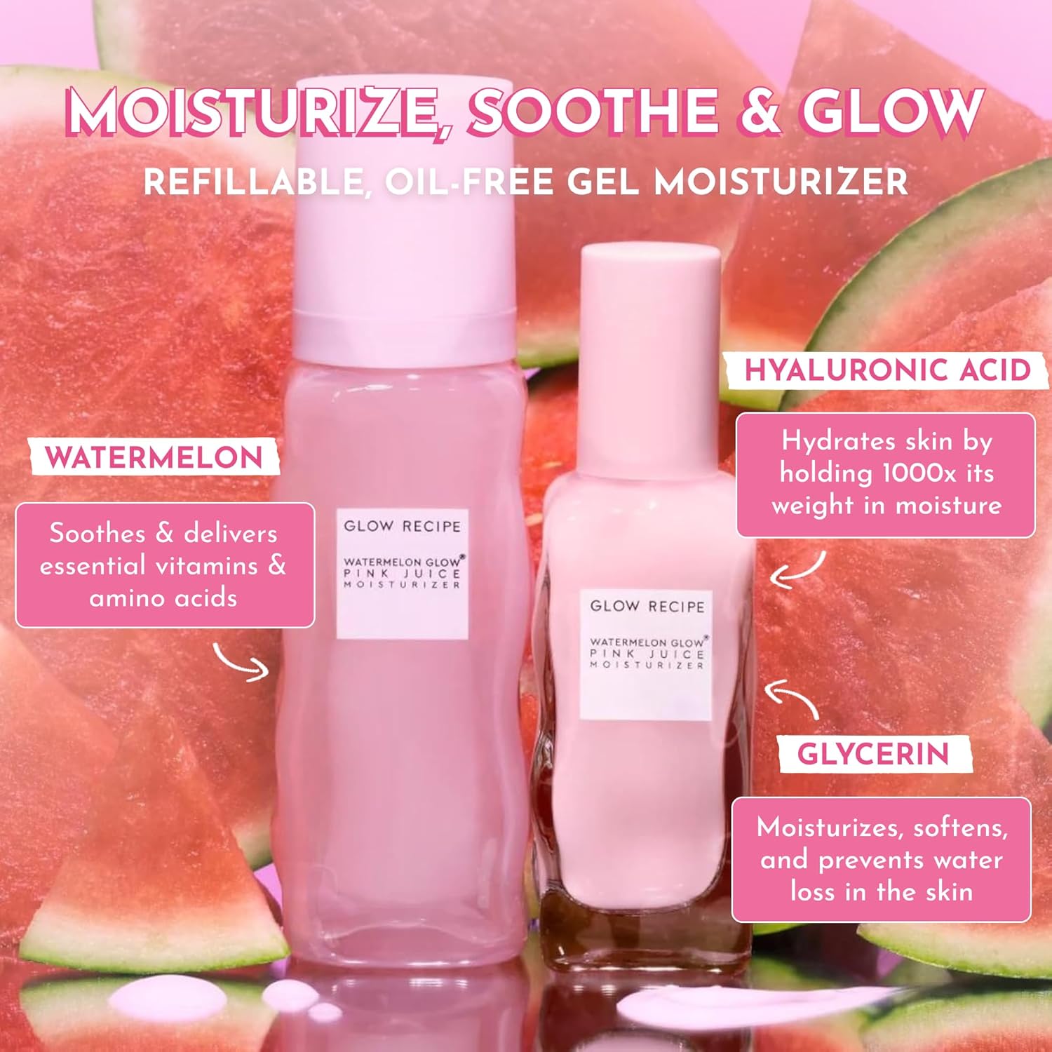 Glow Recipe Refill Pink Juice Water Gel Face Moisturizer for Women, Men & Teens - Hydrating Hyaluronic Acid, Radiance Boosting, Non-Comedogenic, Oil-Free, Lasting Korean Skin Care for Oily Skin, 60ml