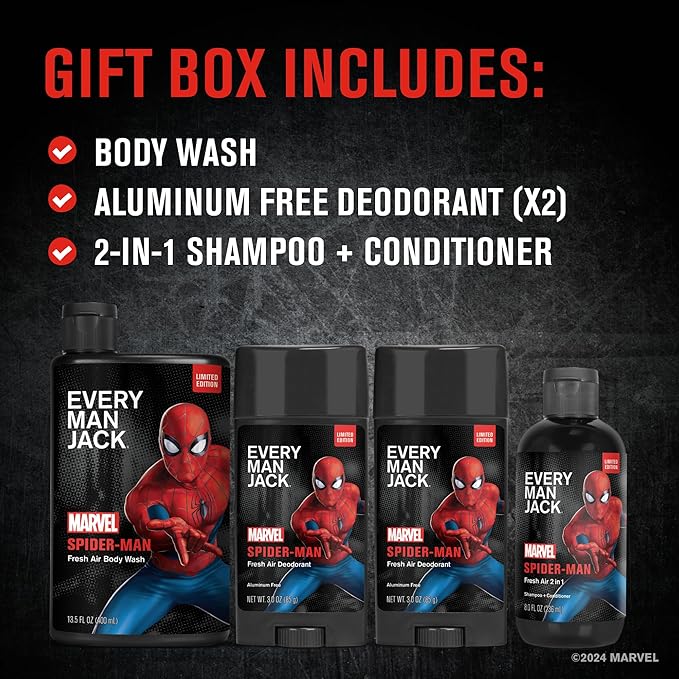 Every Man Jack Spider-Man Body Set - Perfect for Every Guy & Marvel-Lover - Bath and Body Marvel Gift Set with Clean Ingredients & Incredible Scents - Includes Body Wash, Shampoo & Deodorant 2-Pack