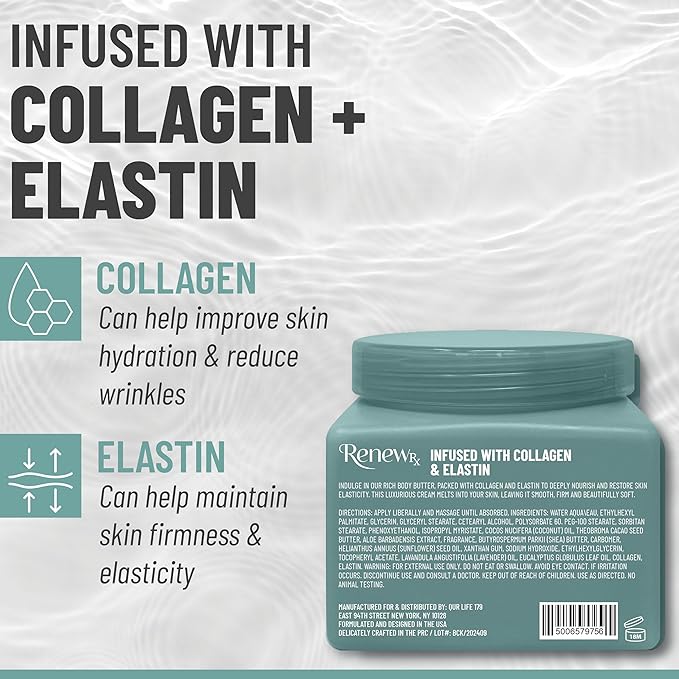 Collagen + Elastin Skin Strengthening Body Butter for Dry Skin – Hydrating & Firming Skin Care, Vegan Skincare, 16 oz