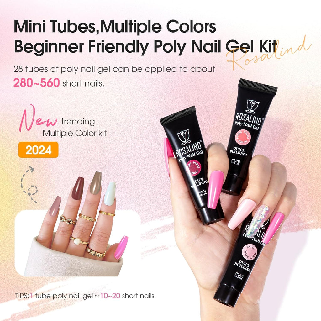 ROSALIND Poly Nail Gel Kit for Beginners - 28 Colors Extension Gel Set with UV/LED Nail Lamp, 72 Accessories (Base/Top Coat, Nail Forms, Tools), Long Lasting Salon Kit for DIY Manicure