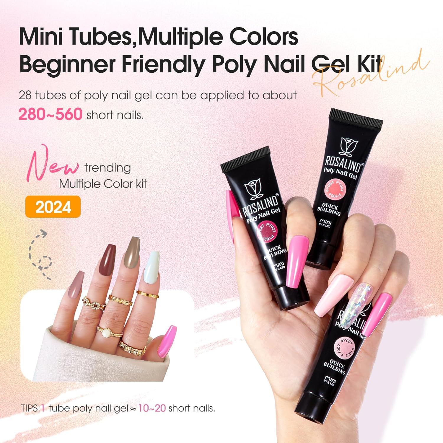 ROSALIND Poly Nail Gel Kit for Beginners - 28 Colors Extension Gel Set with UV/LED Nail Lamp, 72 Accessories (Base/Top Coat, Nail Forms, Tools), Long Lasting Salon Kit for DIY Manicure