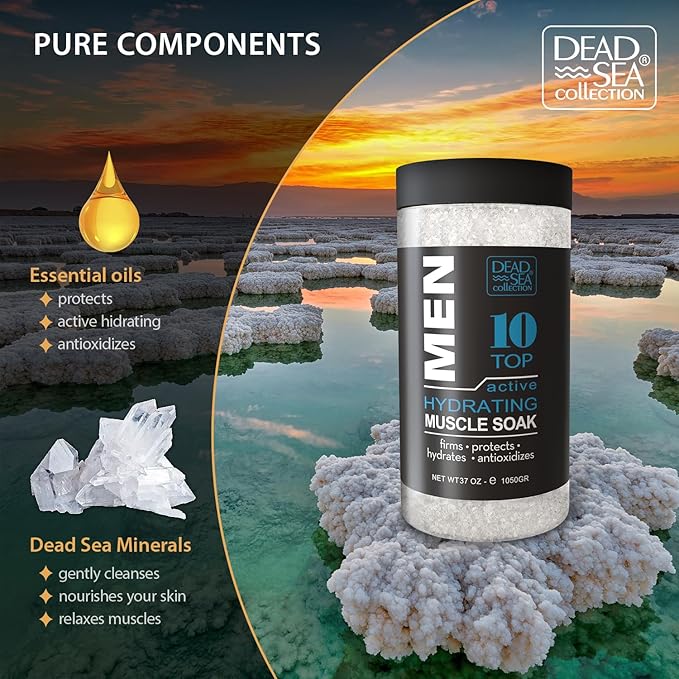 Dead Sea Collection Bath Salts for Men - Muscle Recovery Bath Soak - TOP 10 Active Mens Pure Dead Sea Salt for Soothing and Relaxing - 37 Oz