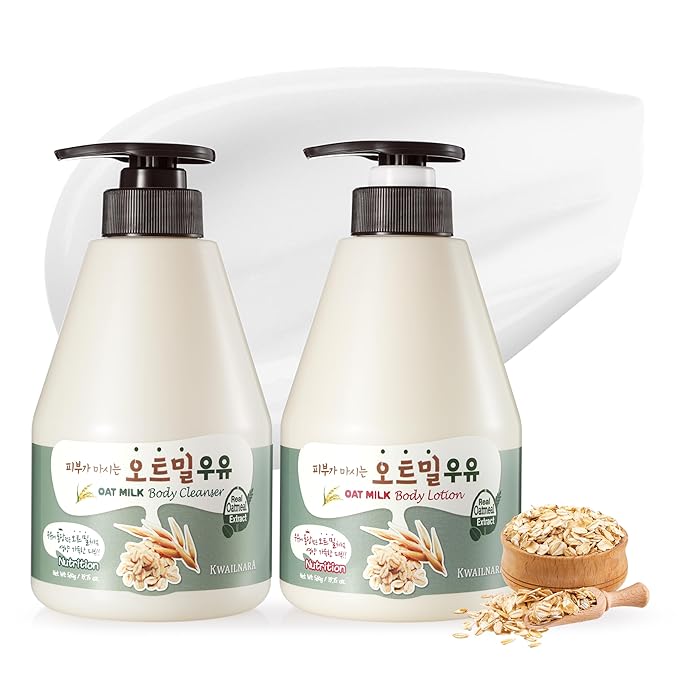 WELCOS Kwailnara Oat Milk Body Lotion & Body Wash Set – Moisturizing & Revitalizing Korean Skincare Bundle with Oat Extract, 560g / 19.75oz Each
