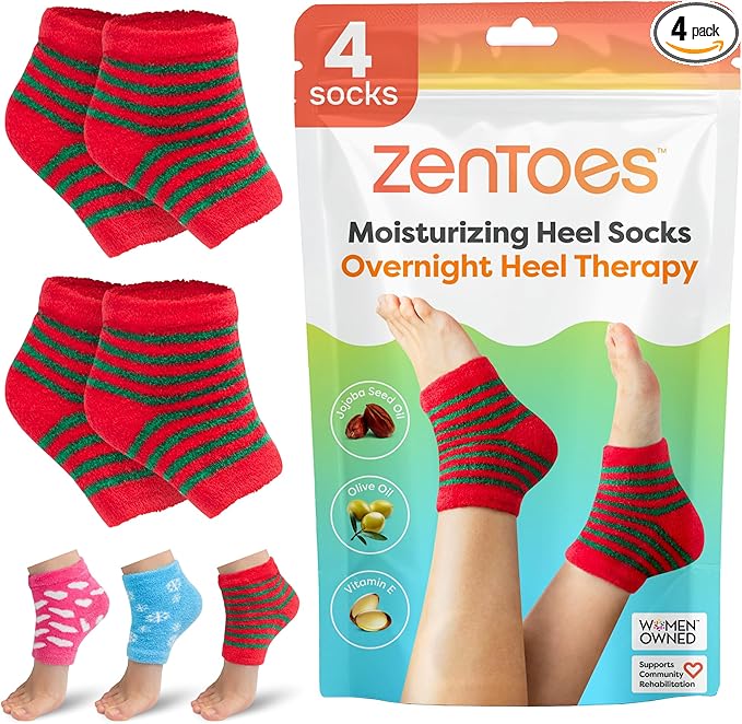 ZenToes Moisturizing Socks for Cracked Heel Treatment - Vitamin E, Olive Oil and Jojoba Oil Infused Heel Socks to Soften and Hydrate (Holiday Stripes, Regular)