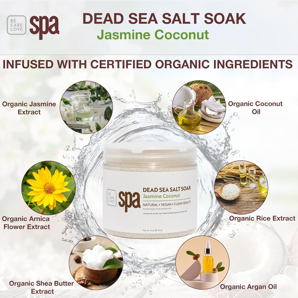 BCL SPA Dead Sea Salt Soak - Bath Salt with Organic Jasmine + Coconut, Shae Butter, Arnica, Aloe Vera Juice, Chamomile, Argan Oil & Jojoba Oil Skin Exfoliator - Home/Professional Use 16 fl oz