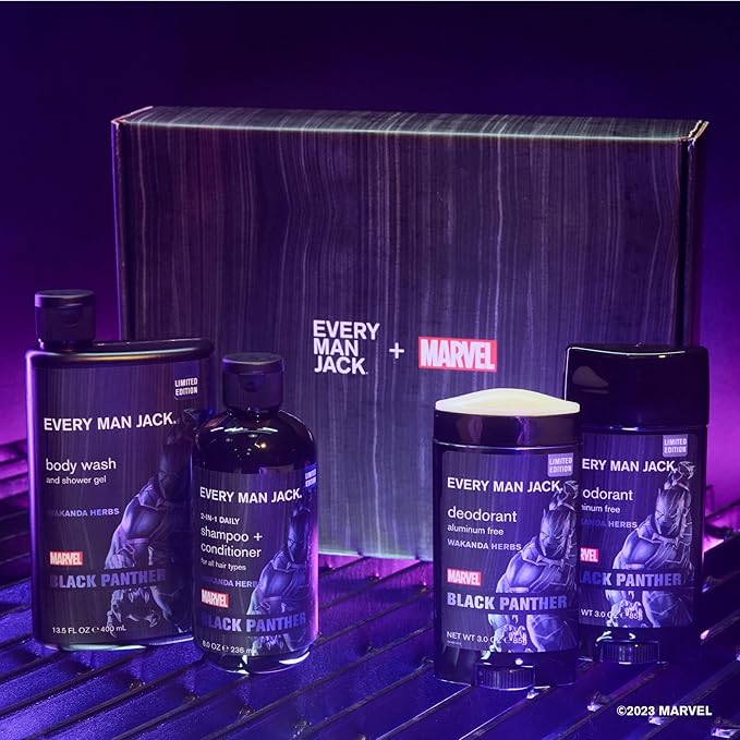 Every Man Jack Black Panther Body Set - Perfect for Every Guy & Marvel-Lover - Bath and Body Marvel Gift Set with Clean Ingredients & Incredible Scents - Includes Body Wash, Shampoo & Deodorant 2-Pack
