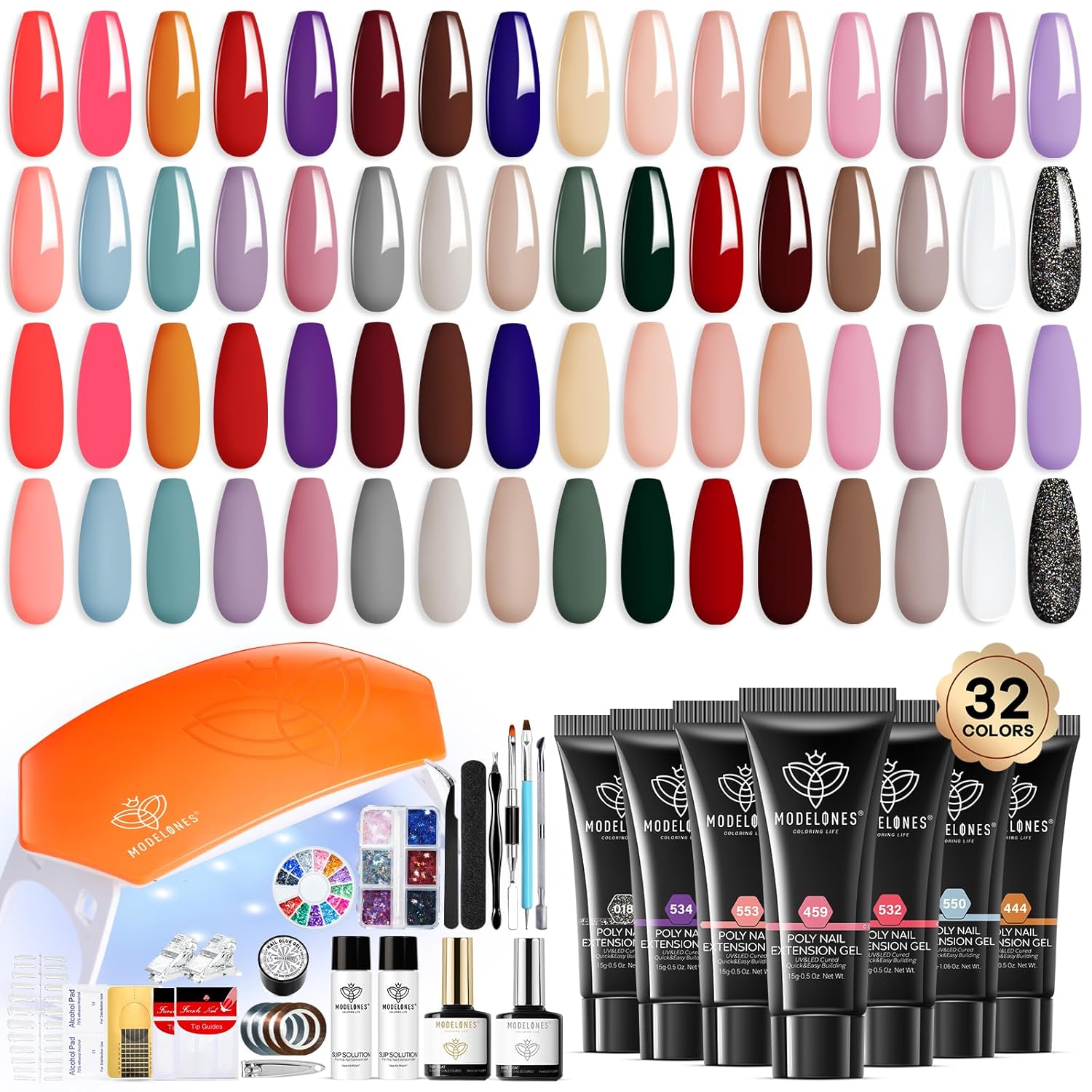Modelones 133pcs Poly Nail Gel Kit, 32 Colors Spring Pink Pastel Poly Extension Gel kit with Nail Lamp Base Top Coat Slip Solution Builder Enhancement Manicure Tools for Starter Supplies