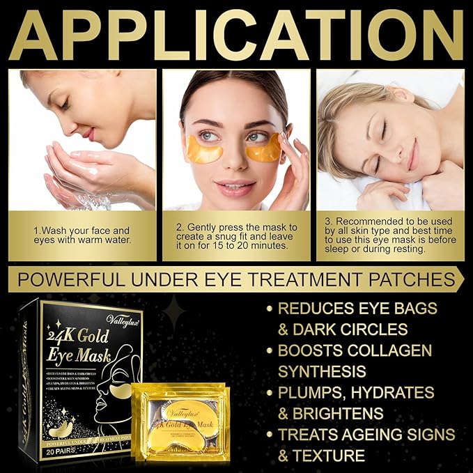 Under Eye Mask,20 pairs 24K Collagen Eye Pads,Under Eye Patches Skincare for Anti Aging,Anti Wrinkle,Reducing Eye Puffiness,Dark Circles