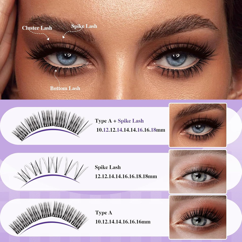 B&Qaugen B&Q Lash Extension Kit 10-16mm Eyelash Extension Kit Multi-Type A Lash Clusters Kit 256PCS Lash Clusters with Bottom Lashes, 7D Wispy Spikes Fans, Bond & Seal, Lash Tweezer （spike-A-10-16mm）