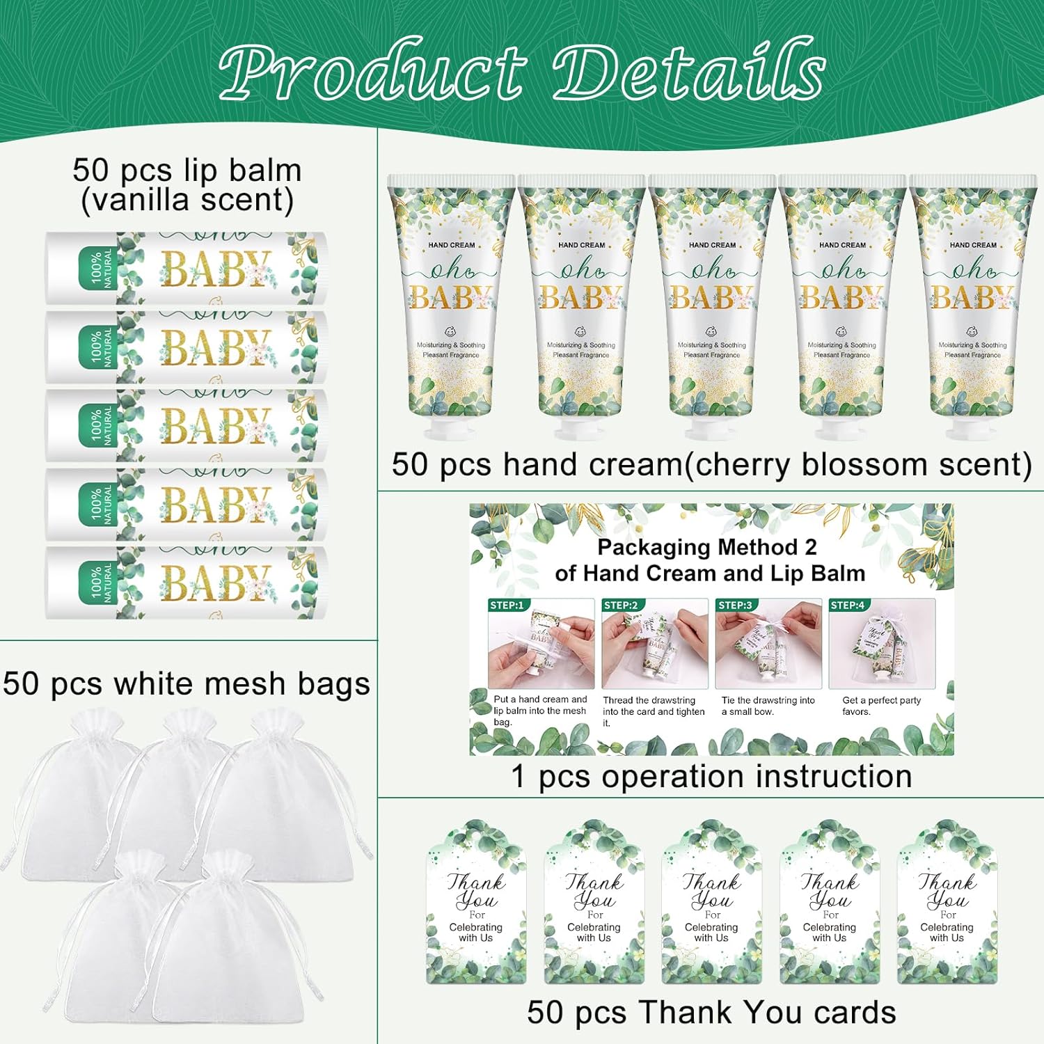 VESPRO 50 Pack Hand Cream Bulk and Lip Balm Bulk Gifts Sets, Baby Shower Favors and Bridal Shower Favors for Guests with Thank You Card and Organza Gift Bags, Thank You Gifts for Women (Oh Baby)