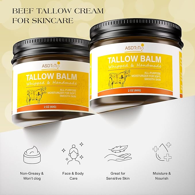 Handmade Whipped Tallow Balm for Skin Care- All Natural Grass Fed Beef Tallow All Purpose Balm,Face and Body Moisturizing Cream, Tallow Balm For Dry Skin- 2 oz