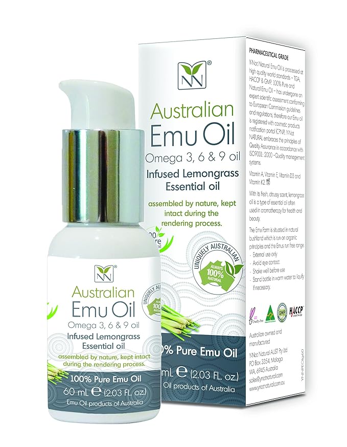 Y-Not Natural Ultra Pure Australian Emu Oil - Luxury, Hospital Grade Emu Oil 60 mL | Free Range Aboriginal Omega 3, 6 & 9 Oil Infused with Lemongrass - The Ultimate Moisturizer for Skin, Hair, Nails, and Scalp