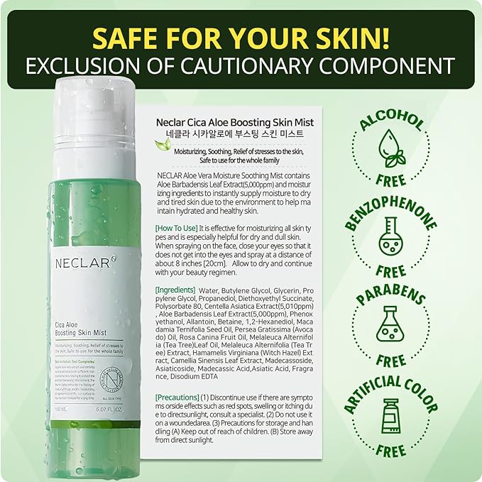 Aloe Vera and Centella Asiatica Toner Mist Spray - Korean Hydrating Skincare Toner - Face Mist for redness and dryness