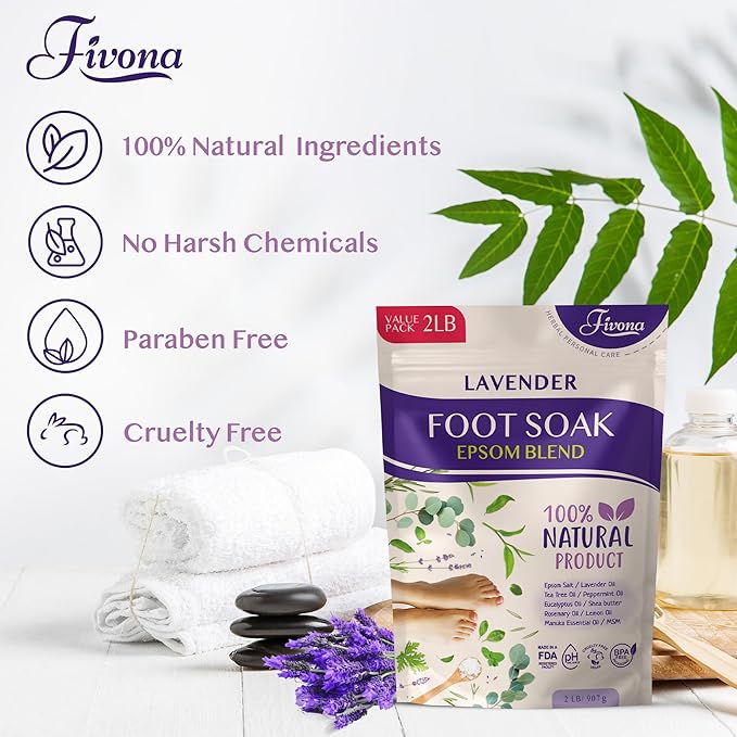 Foot Soak Epsom Salt with Lavender - Value Pack - 2 LB - Calming Foot Bath Salt, Relax & Renew Tired Feet, Soothe Soreness, Soften Calluses - Rejuvenating Pedicure Spa at Home