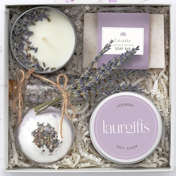 Lavender Spa Gift Set for Moms & Teachers – Gift Basket for Her - Thoughtful Gifts for Mother’s Day - Teacher Appreciation Gifts - Spa-Inspired at Home - Self-Care Essentials